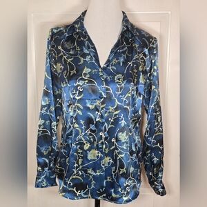 Christie & Jill Dark Blue Floral Blue Satin Button Up Blouse Size 8P Petite